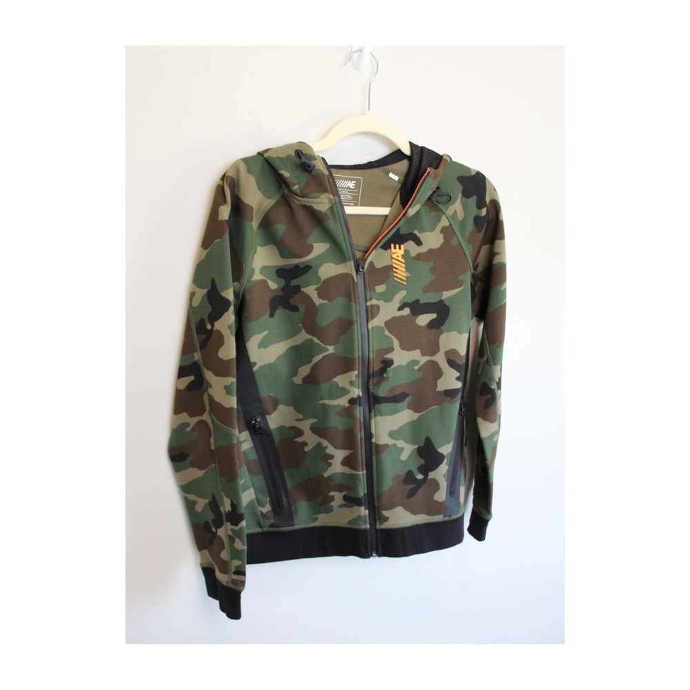 American Eagle AE Flex Hoodie Sweater Mens Small Green Camouflage Logo Pullover